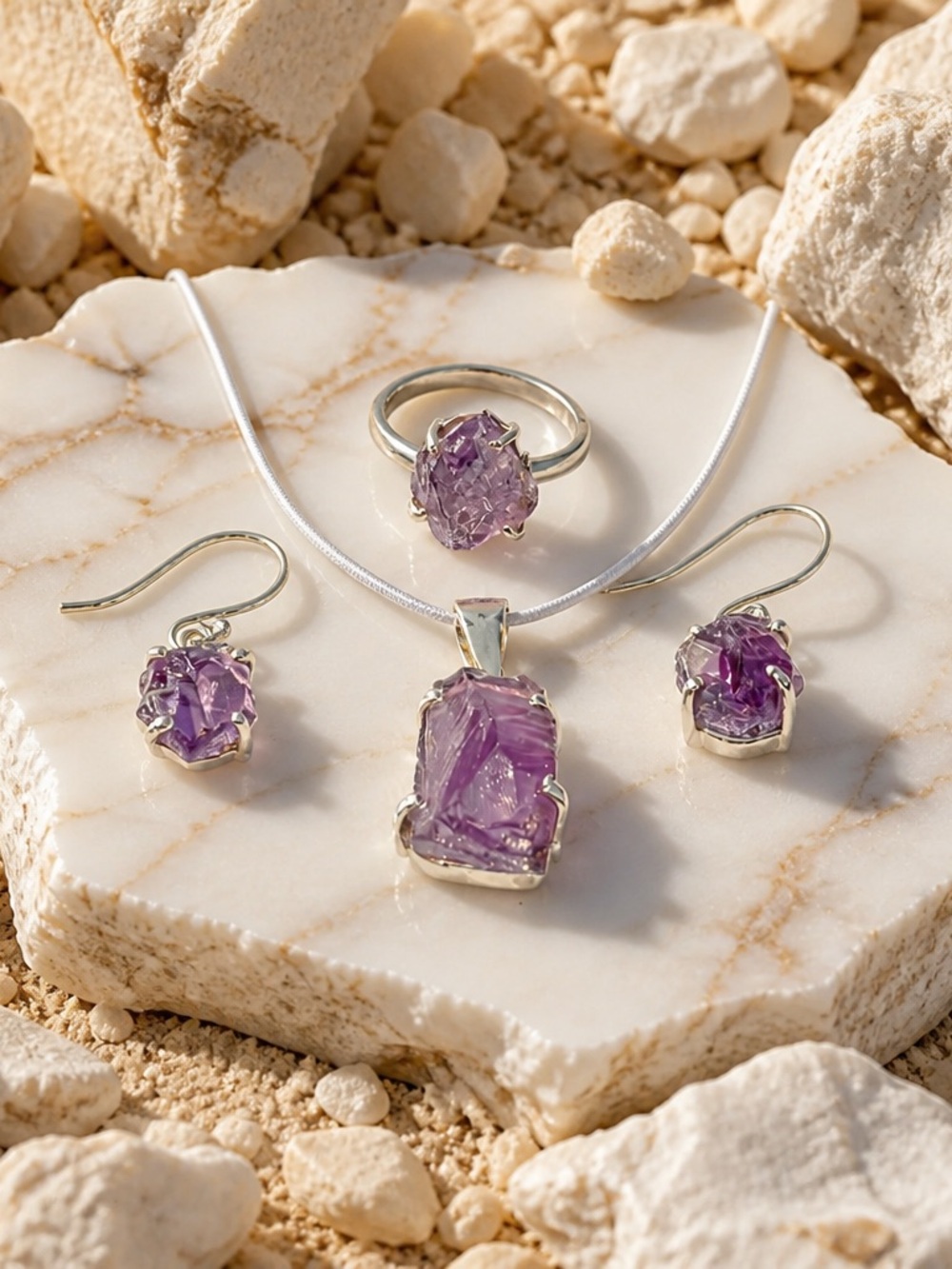 4PC Genuine Amethyst Necklace, Earrings & Ring